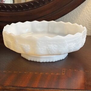 Anchor Hocking Fire King White Milk Glass Pedestal Fruit Bowl Grapevine Pattern